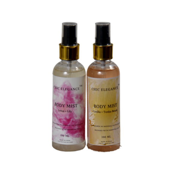 CHIC ELEGANCE Body Mist Lotus & lily (100ml) | Body Mist Vanilla + Tonka Beans (100ml)| Long lasting, Uplifiting perfume for Unisex