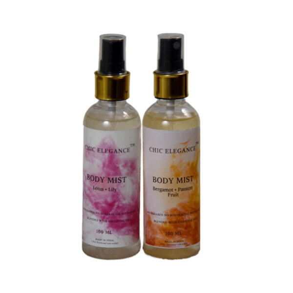 CHIC ELEGANCE Body Mist Lotus & lily (100ml) | Body Mist Bergamot & Passion Fruit (100ml)| Long lasting, Uplifiting perfume for Unisex