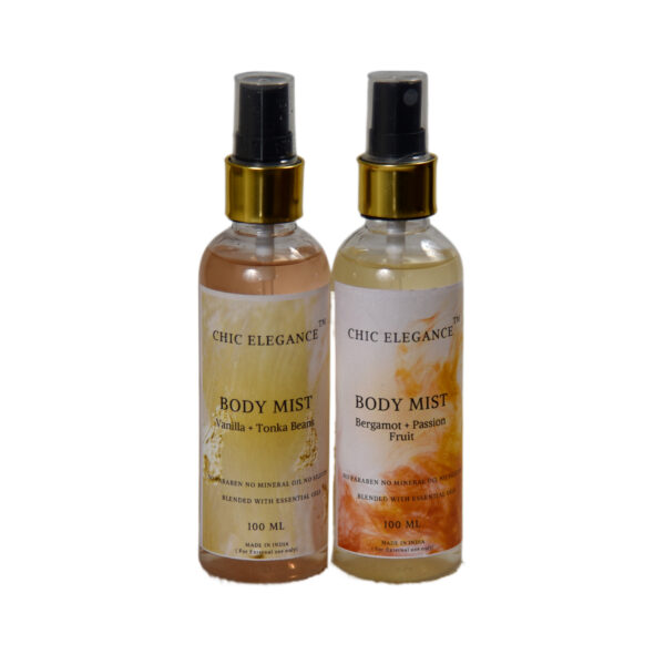 CHIC ELEGANCE Body Mist Vanilla + Tonka Beans (100ml)| Body Mist Bergamot & Passion Fruit (100ml)| Long lasting, Uplifiting perfume for Unisex